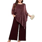 ZOMVA Plus Size Mother of The Bride Pant Suits Dressy 2 Piece Asymmetric Cape Set with Pockets Wedding Guest Outfit
