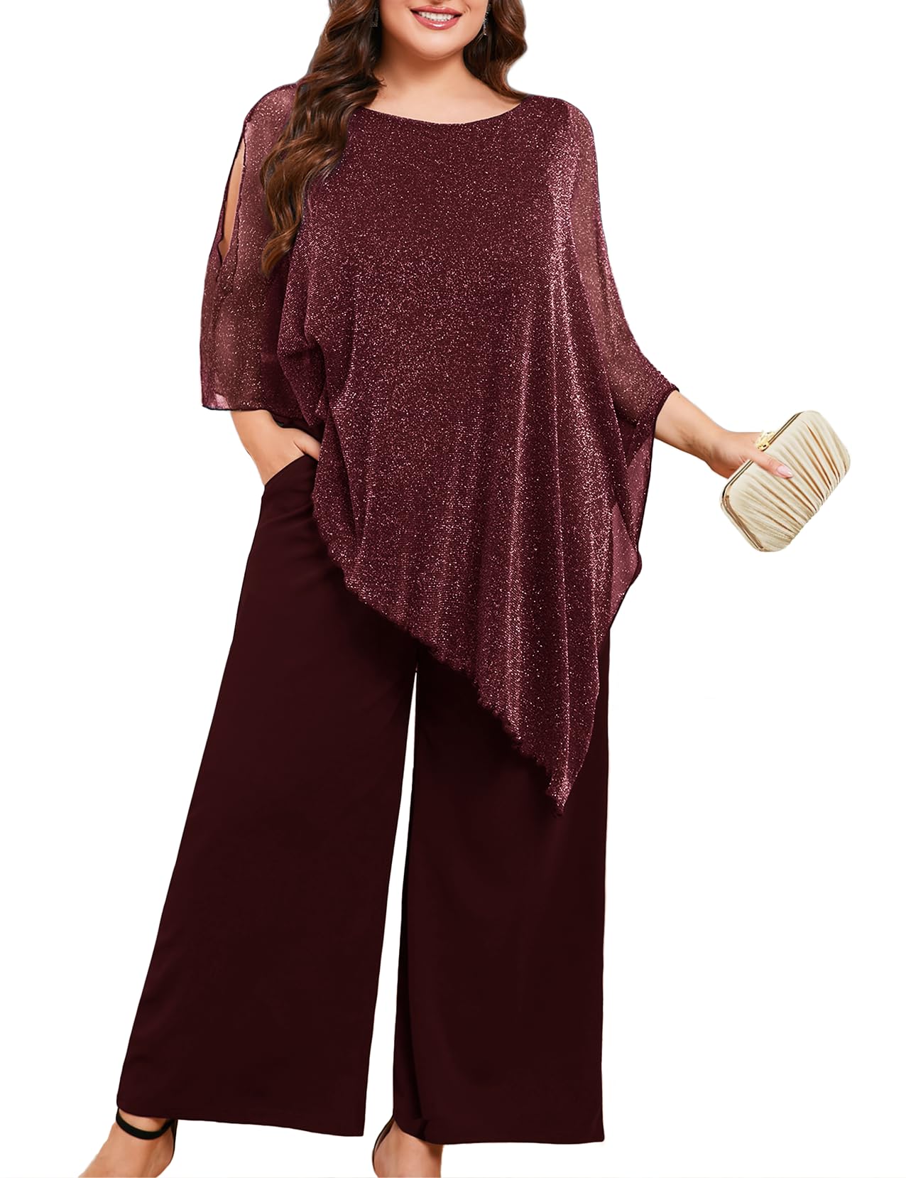 Photo 1 of ZOMVA Plus Size Mother of The Bride Pant Suits Dressy 2 Piece Sparkly Mesh Asymmetric Cape Set Wide Leg Outfit with Pockets, Sparkly Burgundy, 1X