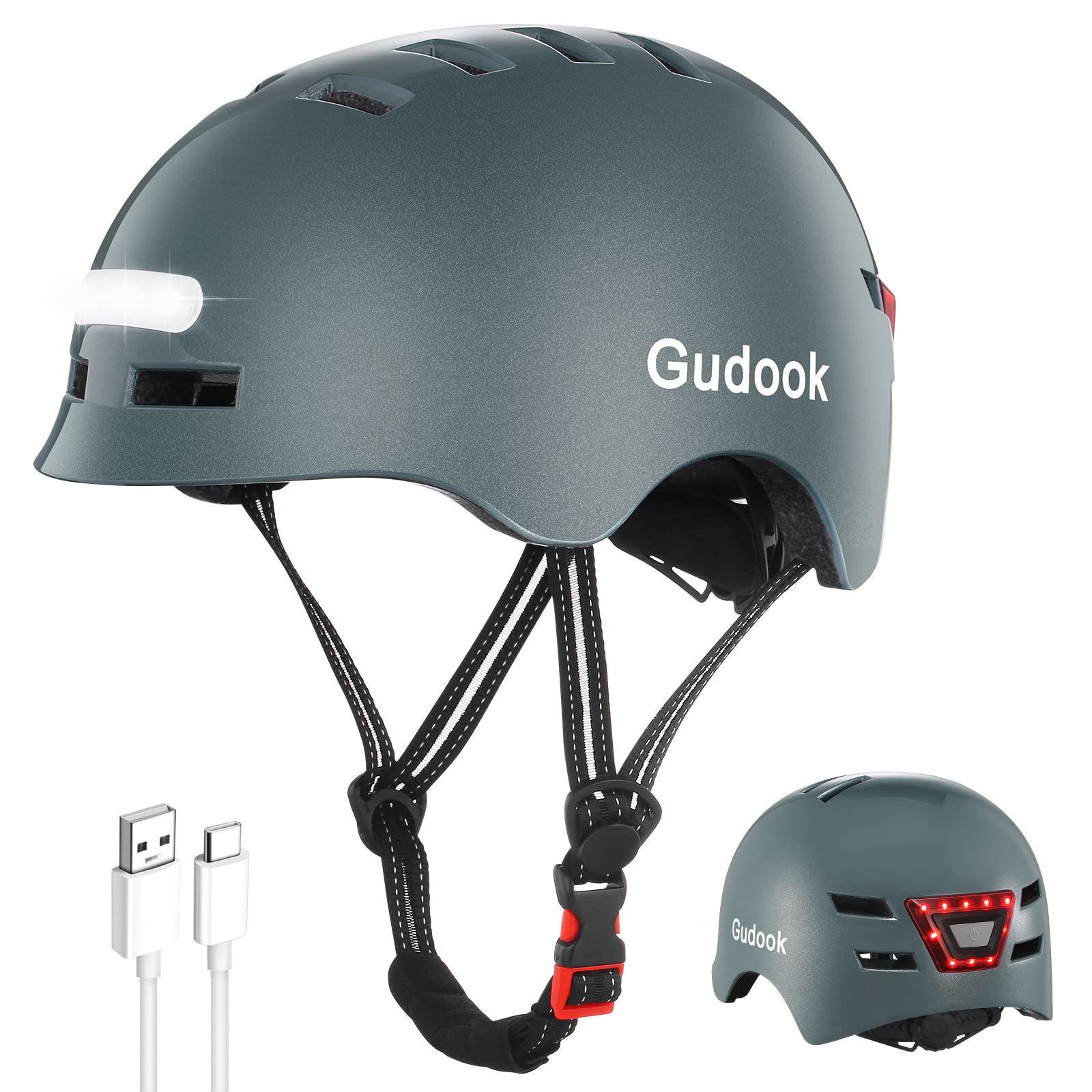 Photo 1 of Gudook Adult Bike Helmet with Light - Bicycle Helmets Men - Women - Front and Back LED Lights Adjustable Cycling Helmet for Urban Commuter Biking Scooter