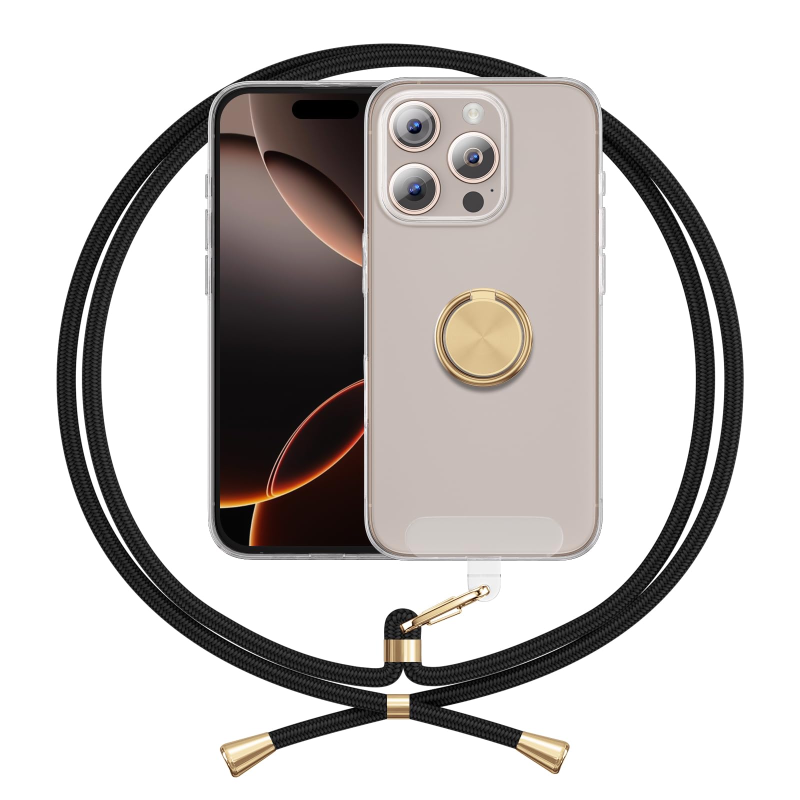 ANFAIRLACE Case Compatible with iPhone 16 Pro Max, Kickstand Ring Lanyard Band Transparent Silicone Shockproof Anti Scratch Clear Cover, Gold