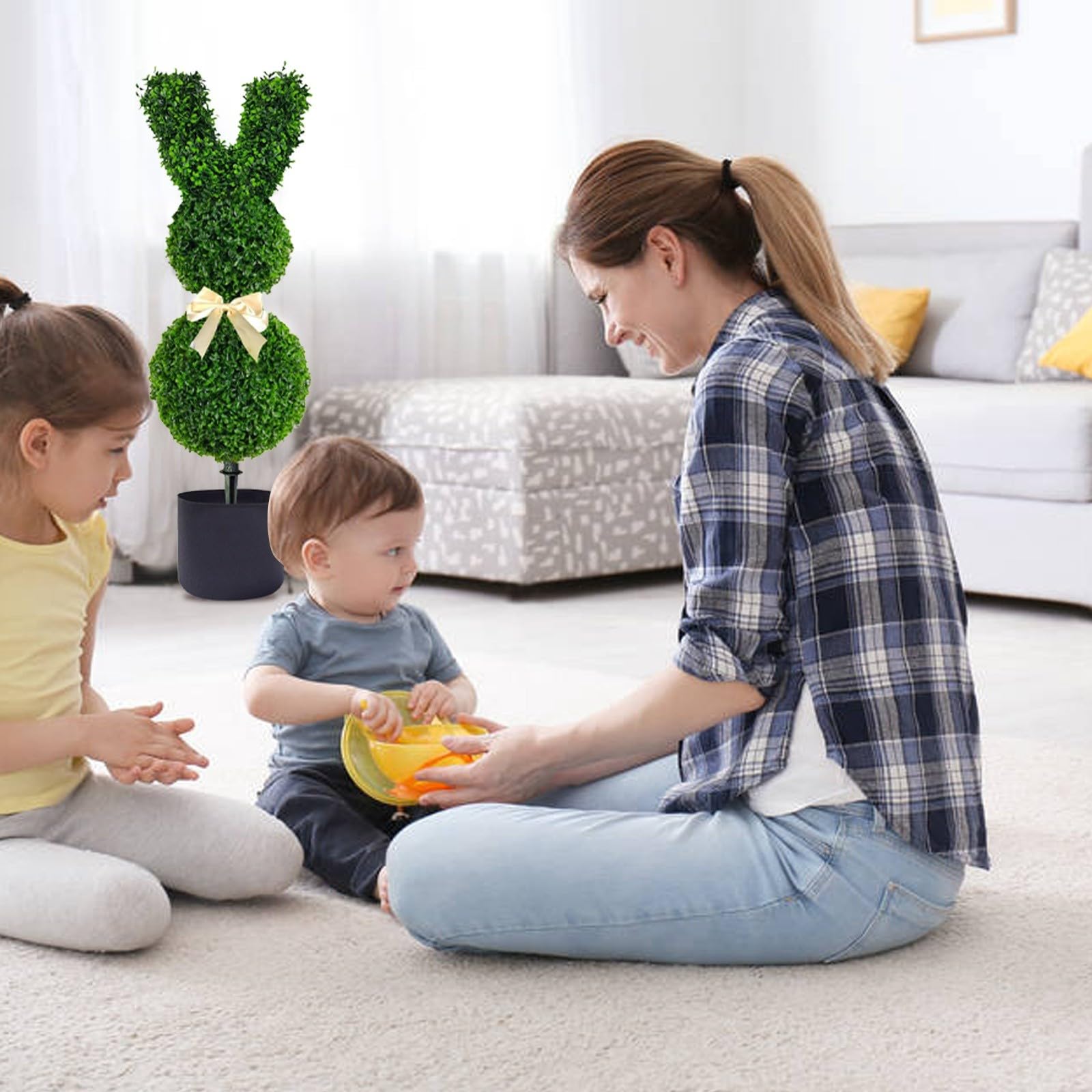 Green Rabbit-Shaped Potted Easter Bunny Insert, 19in Bunny-Shaped Artificial Topiary Tree for Indoor/Outdoor Easter Porch Decorations, 3D Design, Durable & Weather-Resistant (A-1PC-19in)