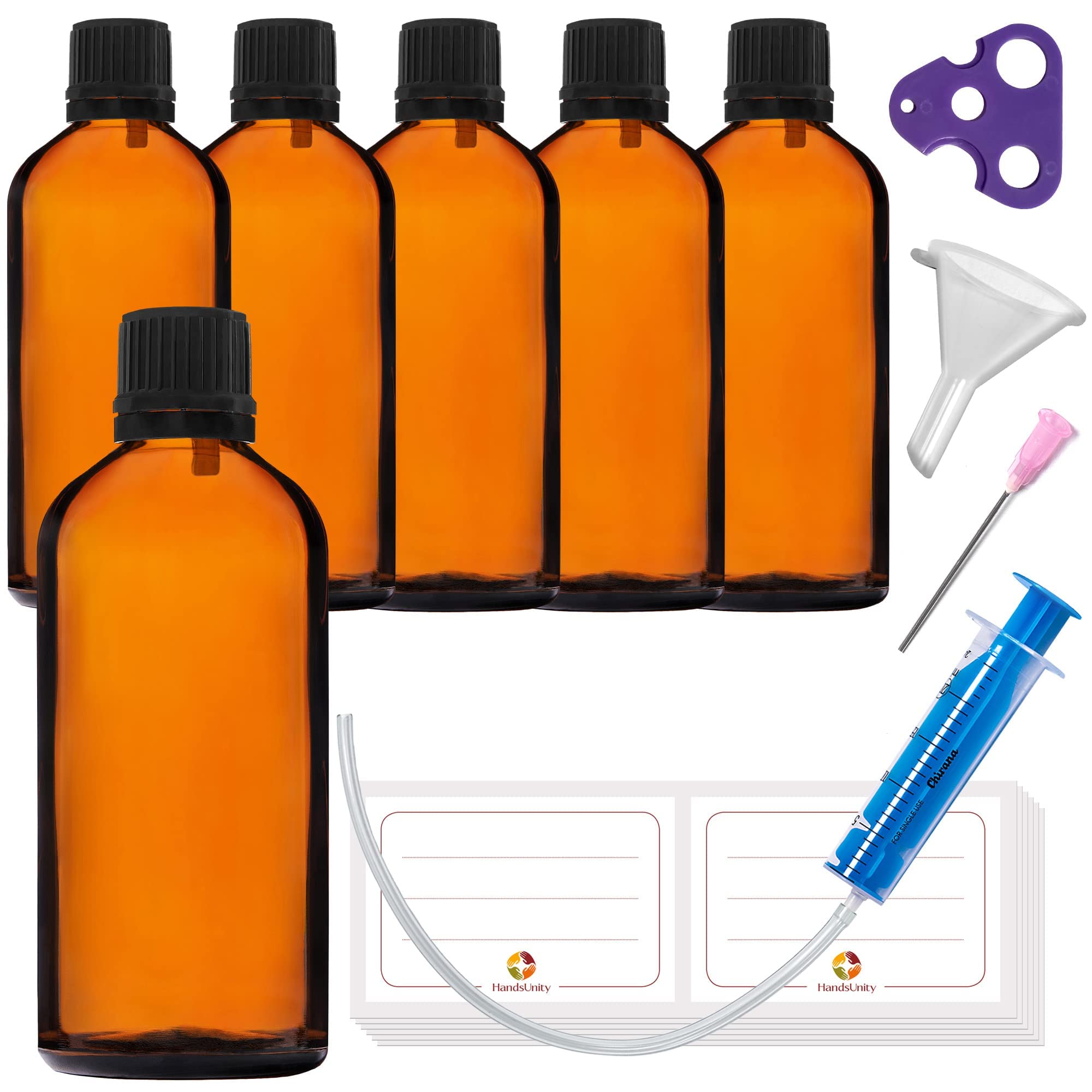 HandsUnity 6 x 100ml Amber Glass Bottles with Black Amber Glass Cap with 18 Tools