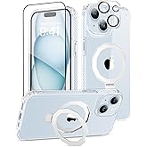 BANLEA for iPhone 15 Case, with Screen Protector + Camera Lens Protector, Built-in Seamless Stand, [Compatible with MagSafe] Protective Shockproof Phone Case, Cover for iPhone 15 - Clear