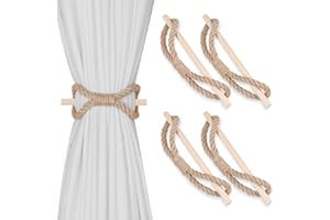 OCIOLI 4 Pieces Farmhouse Curtain Tiebacks Curtain Holdbacks Handmade Curtain Tie Backs with Wood Club Hemp Rope Tie Backs Curtain Pull Backs Curtain Ties for Drapes(Jute Rope, 4)