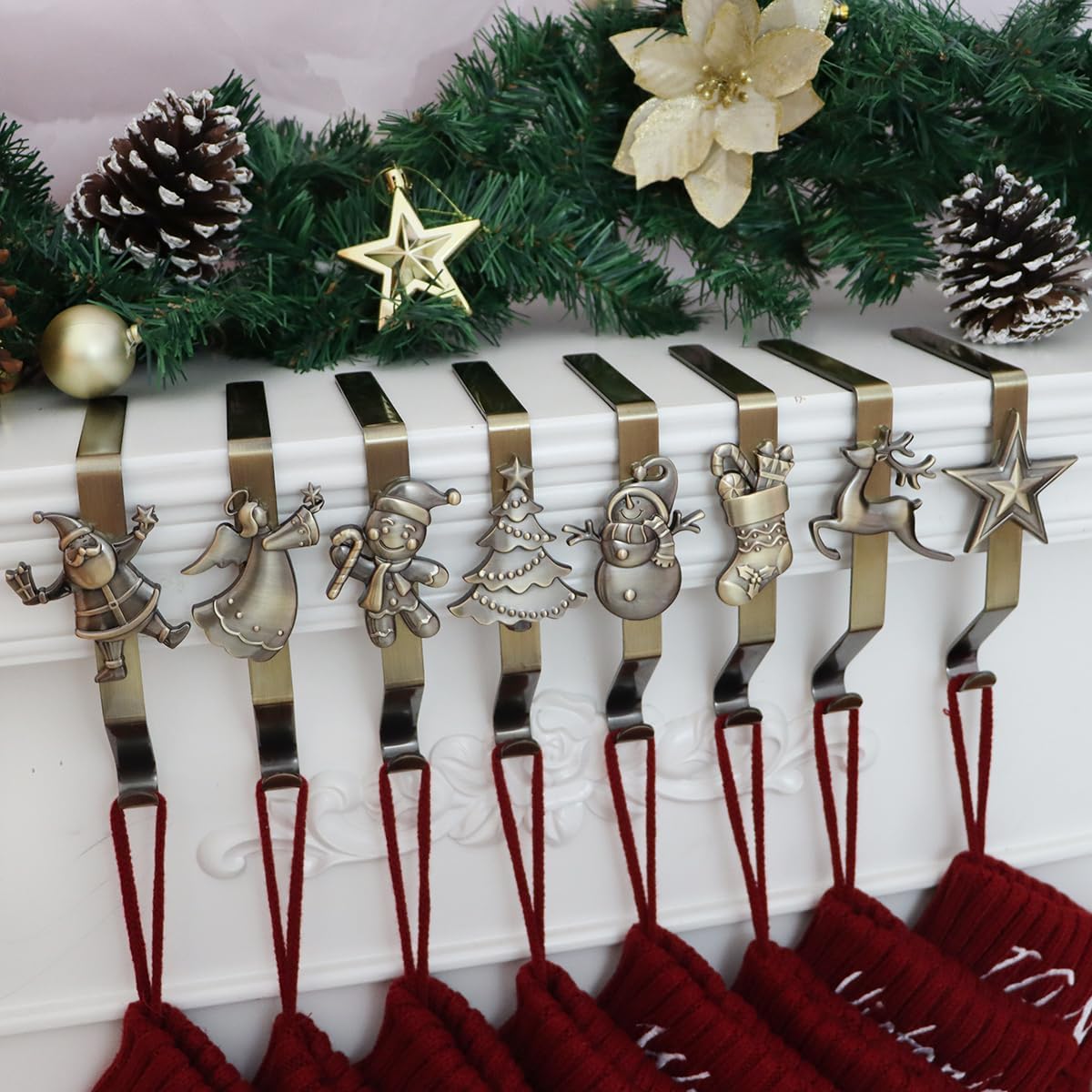 Stockings & Holders - Christmas Stocking Holder for Mantle Set of 8, Reusable Christmas Stocking Hooks, No-Damage Xmas Hanger for Fireplace mantle Grip Stand Christmas Decoration Ornaments Hanging Bronze Shelf Floor