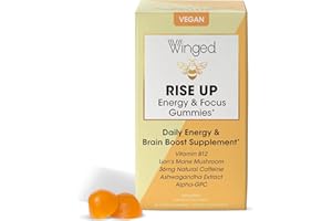 WINGED WELLNESS Winged Rise Up Gummies | Energy & Brain Boost Supplement | Natural Caffeine, Ashwagandha & B12 for Energy | Nootropics Alpha-GPC, Lion’s Mane & Huperzine A for Focus | Pineapple Flavor (30 Servings)