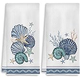 COWEB Coastal Beach Kitchen Towels Set of 2, Ocean Seashell Hand Towels for Bathroom, Coastal Dish Towels for Kitchen, Beach Bathroom Kitchen Decor, Nautical Kitchen Dish Hand Towels, 16x24 Inches