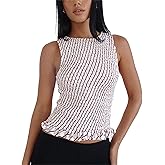 Women Shirred Tank Top Summer Smocked Tops Sleeveless Ruffle Hem Graphic Pleated Shirt Y2k Going Out Vacation Tops