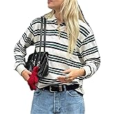 Women Striped Rugby Polo Shirt Y2k Oversized Lapel Collared Pullover Tops Loose Fit Button Up Long Sleeve Shirts