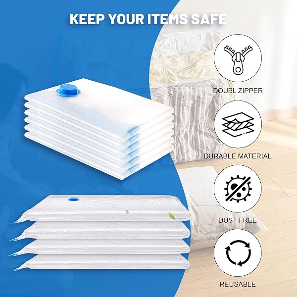 VACUUM STORAGE BAGS FOR CLOTHING,WITH ELECTRIC AIR PUMP SPACE SAVING COMPRESSION BAGS,WATERPROOF, 80% STORAGE REDUCTION,6 PACK VACUUM SEAL BAGS(6 PACK JUMBO) FOR CLOTHES