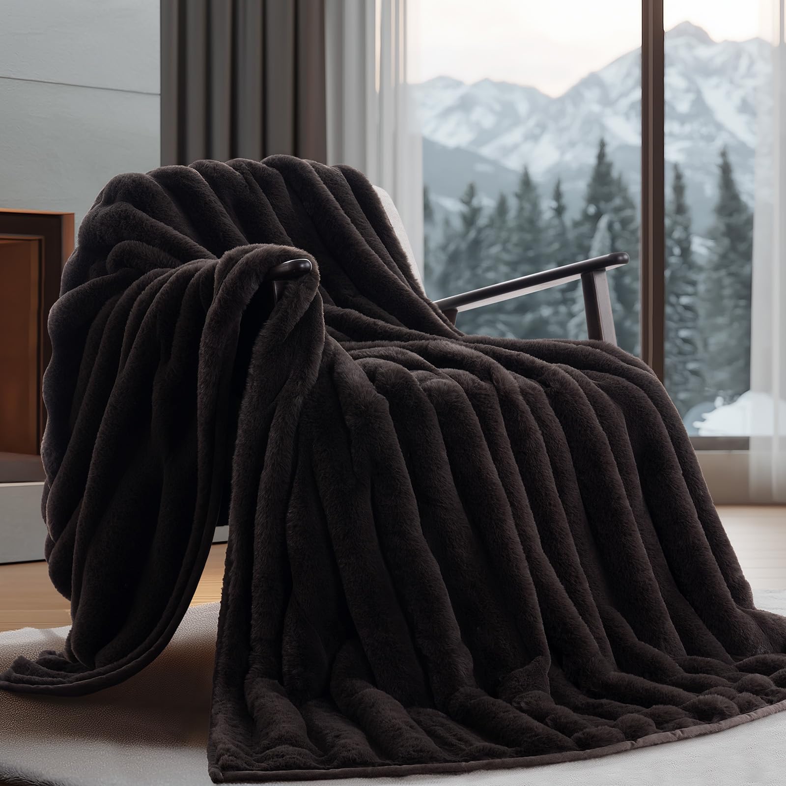 Photo 1 of EverGrace Soft Luxury Faux Rabbit Fur Throw Blanket for Couch, Cozy Fluffy Channel Throw Blanket for Bed, Fuzzy Warm Thick Mink Blanket with Reversible Velvet for Winter, Chocolate, 60"x80", 820GSM