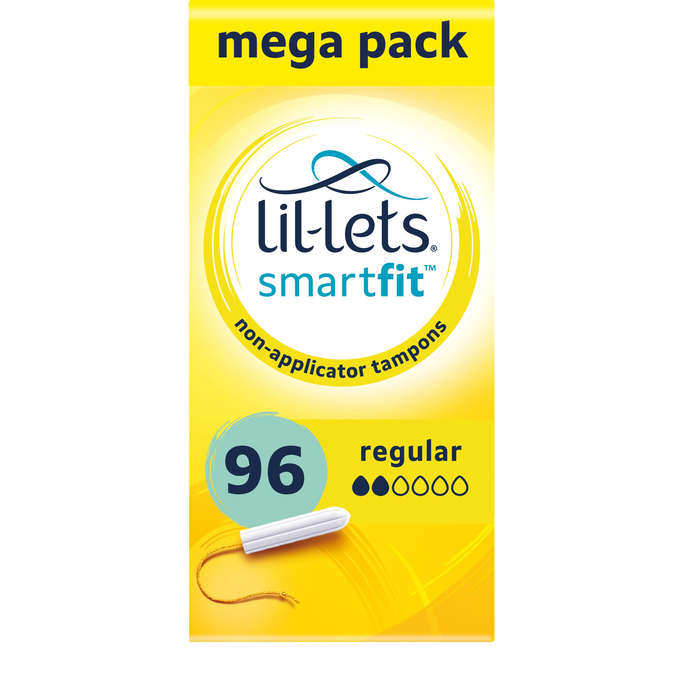 Lil-Lets Non-Applicator Regular Tampons X 96, (6 Packs of 16 Tampons), For Light to Medium Flow, 2 Droplets, Plant-Based, SmartFit Non-App Tampon