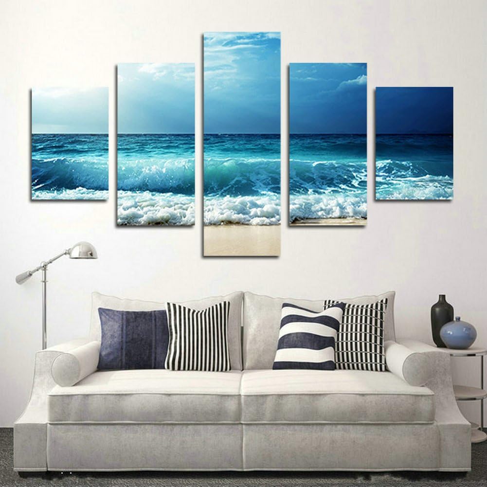 SwmArt 5 Piece Wave Sea Beach Seascape oil of the canvas art of the wall paintings for the room of modern printing(60"W x 32"H, Framed)