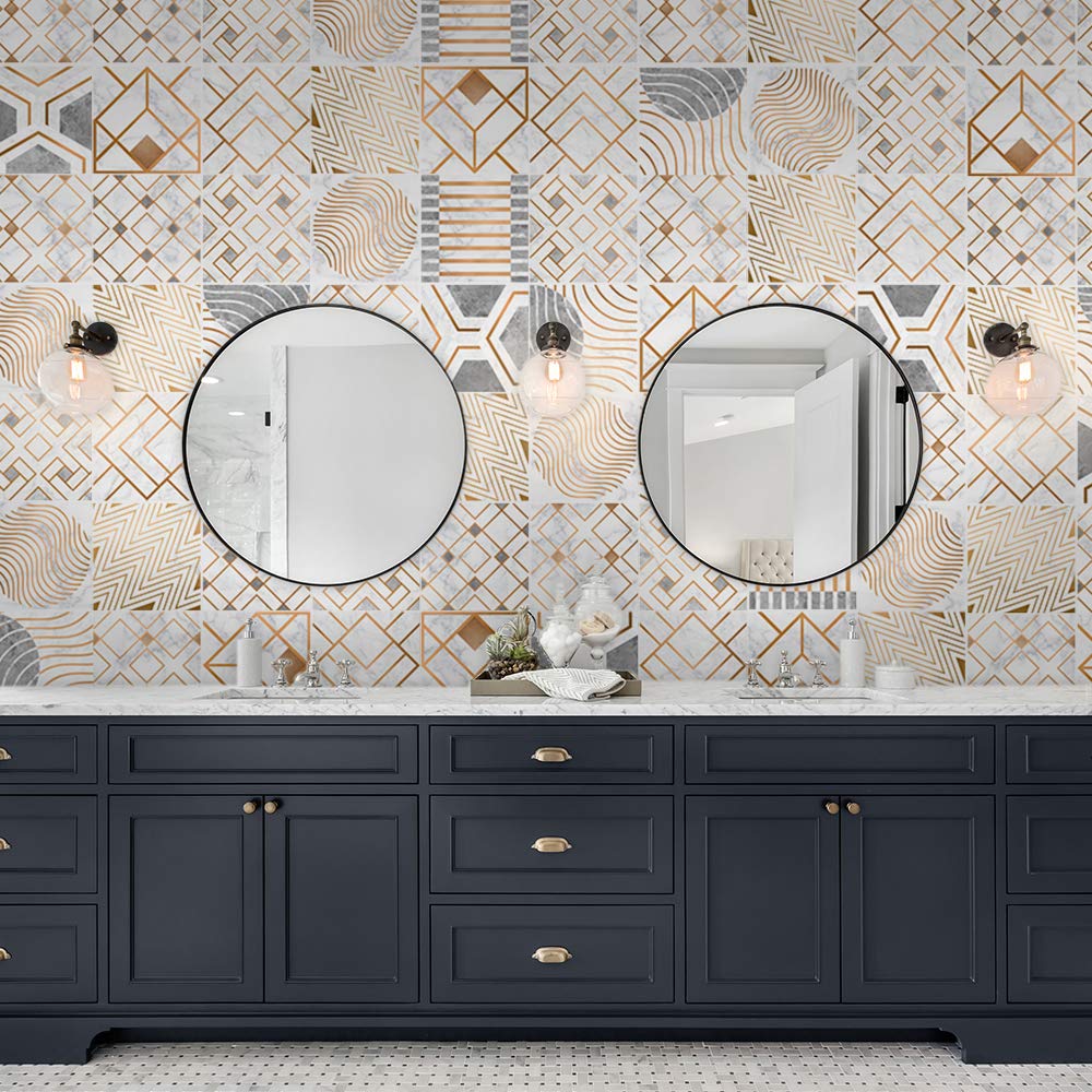 Floor Wall Tile Transfers Sticker for Home Decor, Peel & Stick self-Adhesive splashback, Tile Decals for Living Room Kitchen Bathroom Decor,20cmX20cmX 10 Pcs, Geometric Metallic Marble Tile Sticker