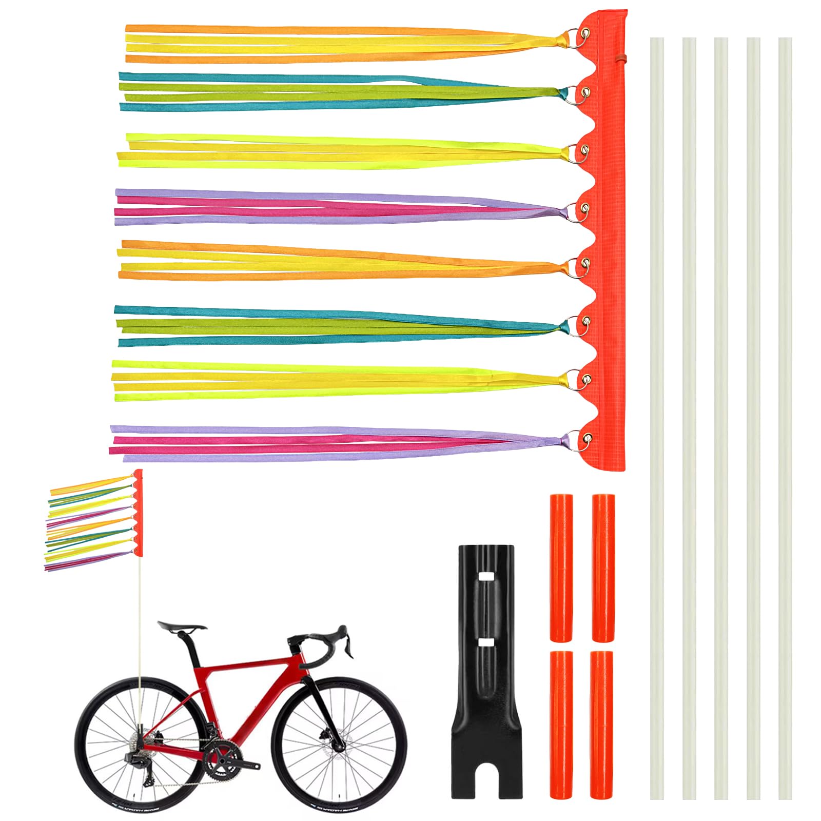 Photo 1 of Bike Flag with Pole for Safety 6 Ft Orange Warning Flag Colored Ribbon Flag for Bicycle and Stroller, Adjustable Height Heavy Duty Fiberglass Poles and Safety flag with 8 Ribbons