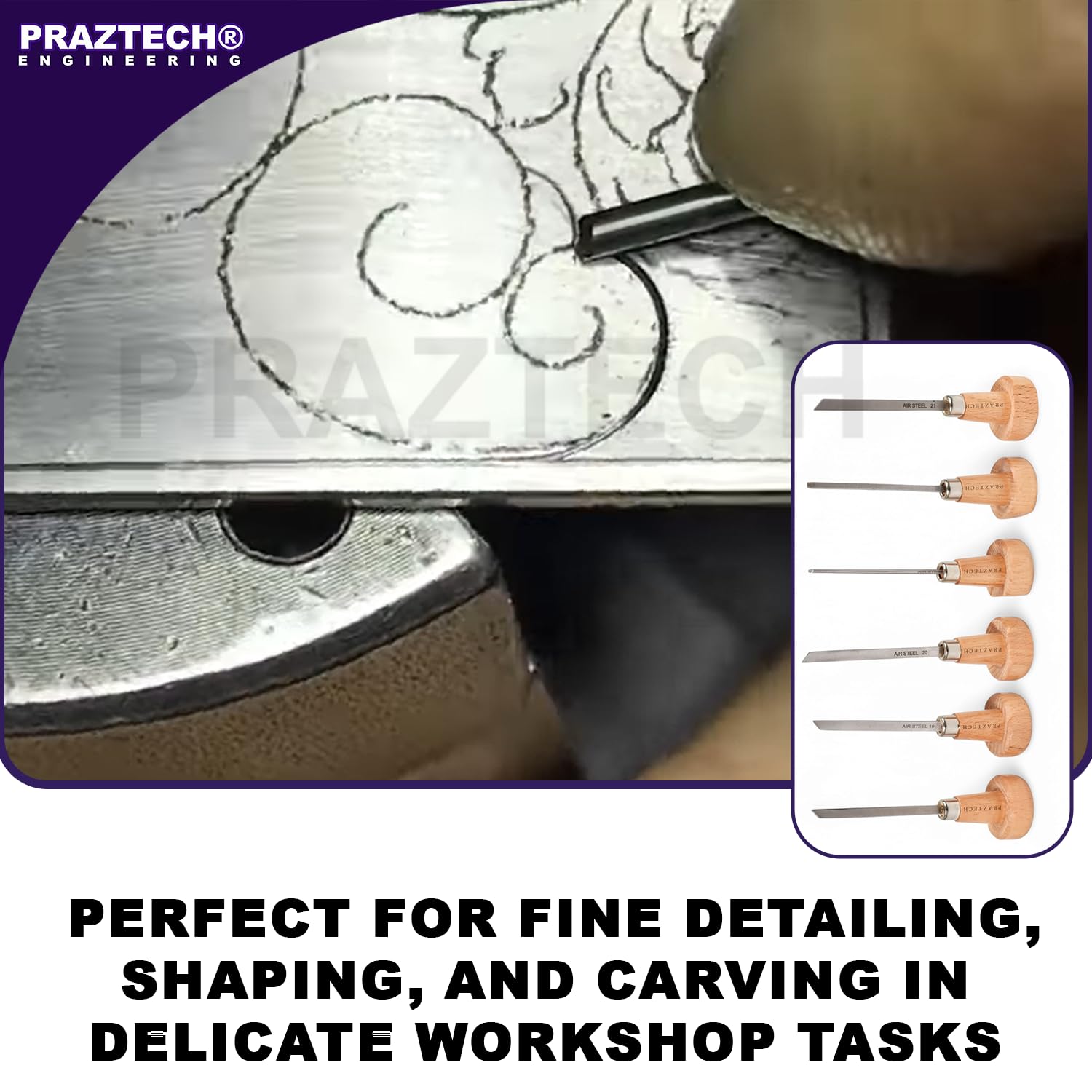 PRAZTECH® New 6pcs Gravers with Wooden Handles | Engraver Tool Clock Set | Jeweller Hand Tool Workshop | DIY
