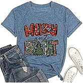 Christmas Shirts for Women Santa Holiday Merry and Bright Christmas Short Sleeve Tops Xmas Light Graphic Print T Shirt