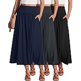 Ficerd 3 Pack Maxi Long Skirts for Women, Ankle Length High Waisted Pleated Flowy a Line Summer Casual Skirts with Pockets