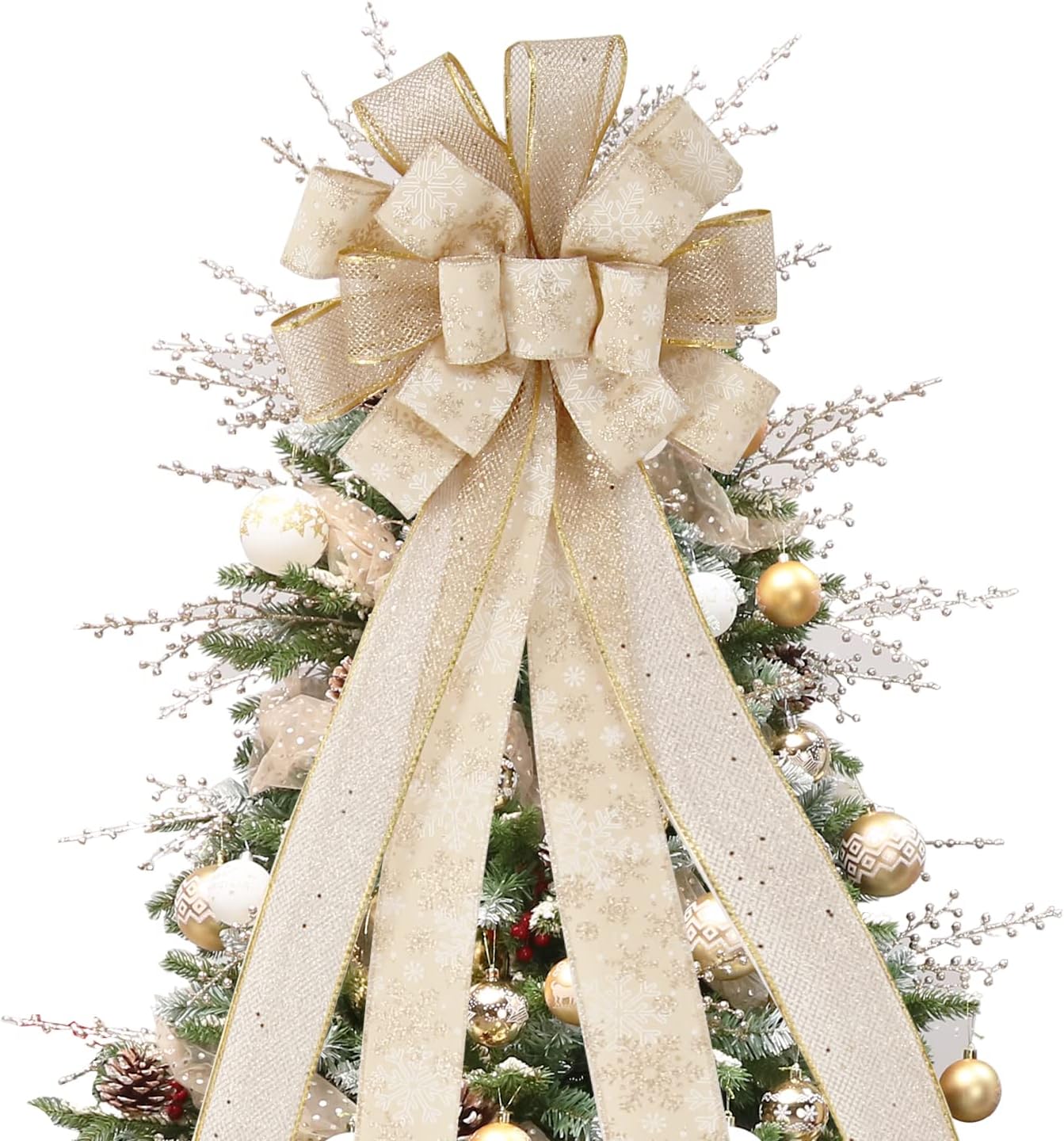 Tree Toppers - Christmas Tree Topper Bow, 44X12 Inch Artificial Xmas Tree Flower Topper Decor, for Family, Wedding, Birthday Party, Indoor Outdoor Thanksgiving Christmas Decoration - Gold/Snowflake.