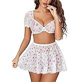 Avidlove Lingerie Sets for Women Sexy Mesh Top Lingerie Skirts 3 Piece Lace Babydoll Dress S-XXL