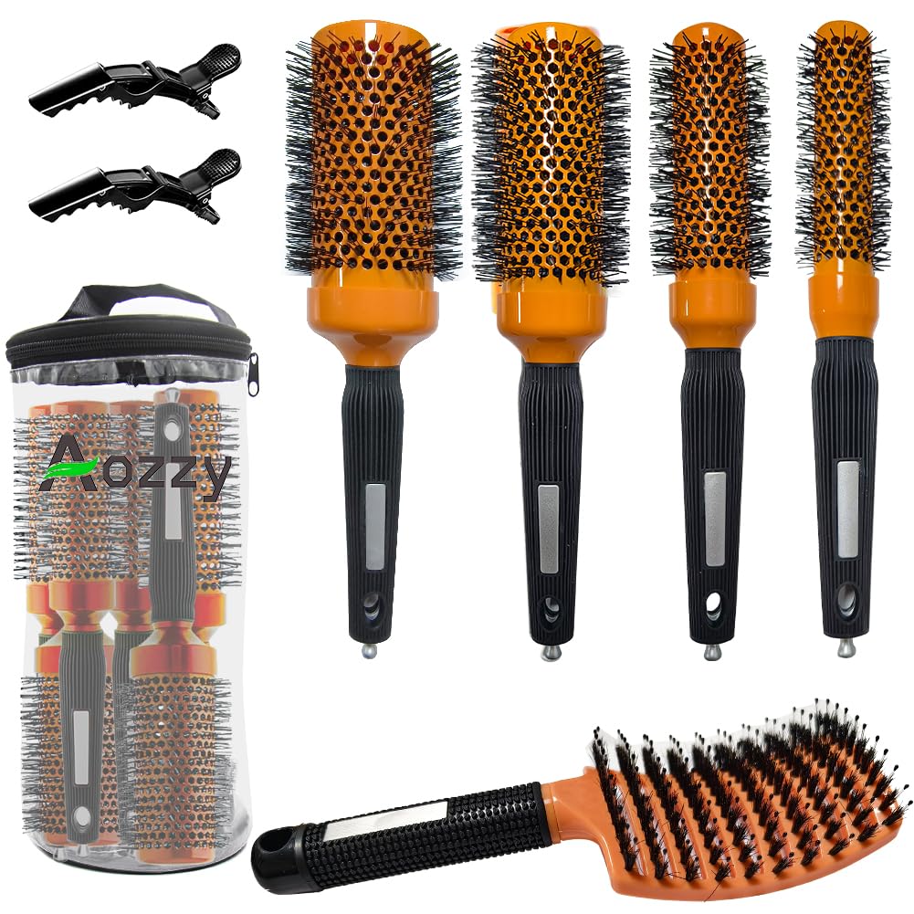Aozzy 5pcs Pottery Lonic Round Hair Brush Set for Blow Drying, Curling, Professional Salon Styling Brush Set, Hair Drying Brush Round Set, Barrel Hairdressing Brushes Sets (Orange)