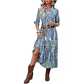 GORGLITTER Women's Western Cowgirl Country Maxi Dresses Outfit Summer Bohemian Boho 3/4 Sleeve Paisley Vintage Sundress