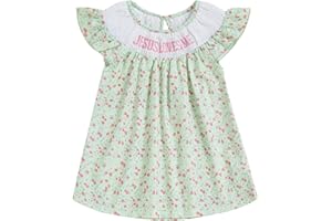KMBANGI Toddler Baby Girl Christian Outfit Jesus Loves Me Dress Ruffle Sleeveless Smocked Dresses Baptism Outfit Princess