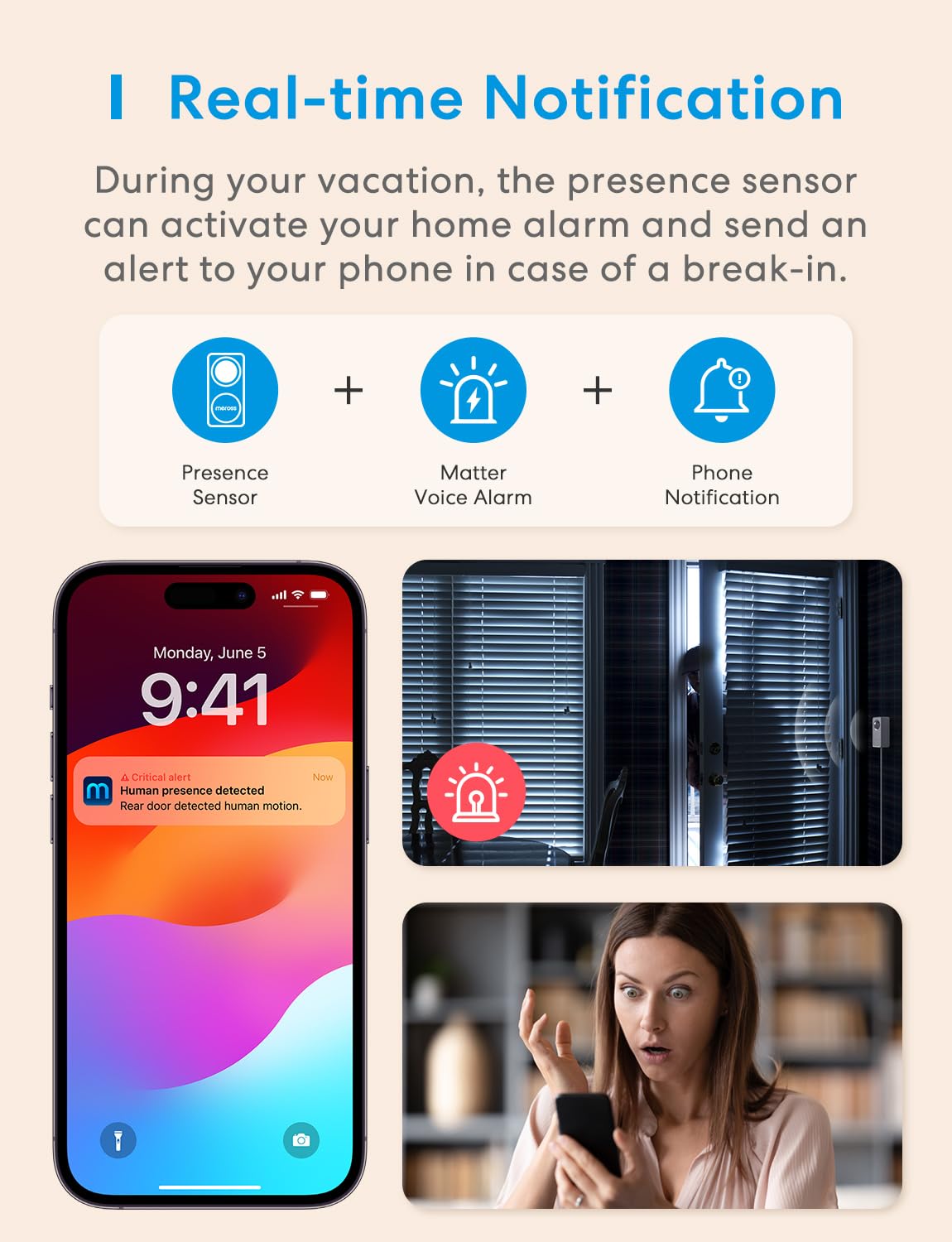meross Matter Human Presence Sensor, 3-in-1 PIR & Light & mmWave Radar Motion Sensor, AI Motion Detector for Matter Smart Home Automation, Supports HomeKit, Alexa, Google, Home Assistant, 2.4GHz Wi-Fi