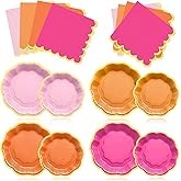 Vesici 60 Pcs Rose Pink Orange Paper Plates and Napkins Set 9/7 Inch | Tequila Sunset Theme, Scalloped Gold Foil Edge for Birthday Bridal Baby Shower Wedding Party Decor Disposable Tableware Set