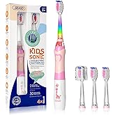 SEAGO Kids Electric Toothbrush with 2 Mins Timer and 4 Replacement Bursh Heads, Rainbow LED Light Make Brushing Fun, Pink Color Girls Battery Powerd for 4-12 Years Old，SG-977