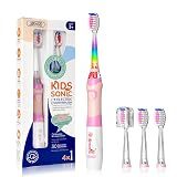 SEAGO Kids Electric Toothbrush with 2 Mins Timer and 4 Replacement Bursh Heads, Rainbow LED Light Make Brushing Fun, Pink Color Girls Battery Powerd for 4-12 Years Old๏ผSG-977