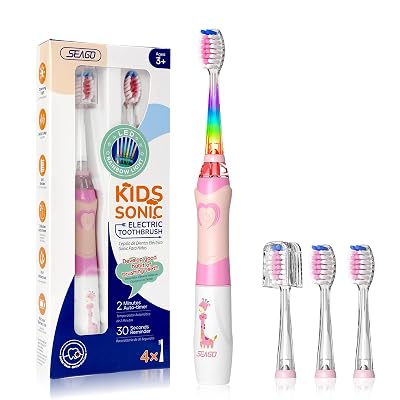 SEAGO Kids Electric Toothbrush with 2 Mins Timer and 4 Replacement Bursh Heads, Rainbow LED Light Make Brushing Fun, Pink Color Girls Battery Powerd for 4-12 Years Old,SG-977