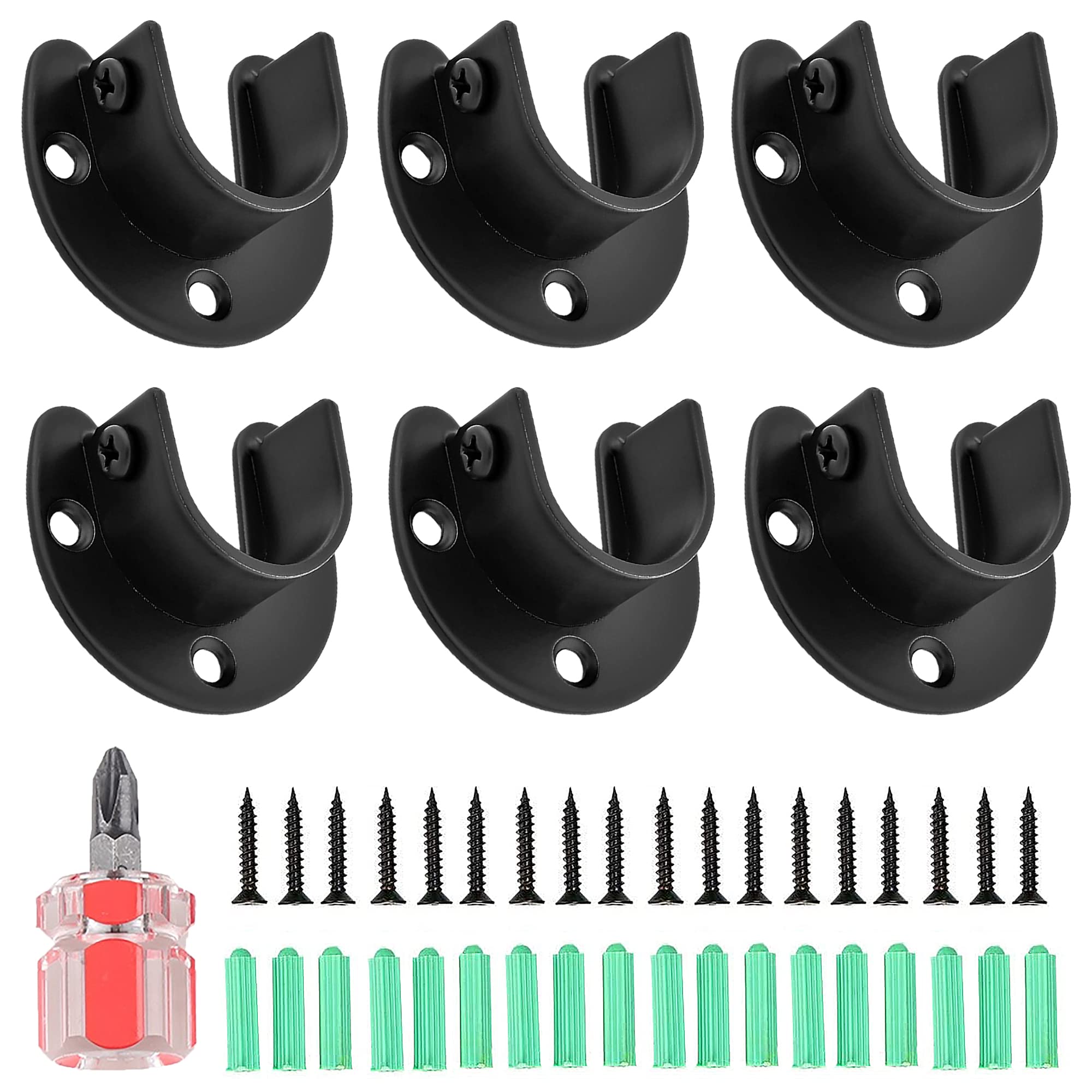 WeqeYent 6 Pcs Closet Pole Sockets, Flange Set for Closet with Screws and Screwdriver,Heavy Duty Closet Rod End Supports,U Shaped Closet Rod Bracket for Wardrobe Shower Curtain(Black)