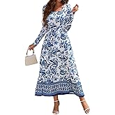 KETAWAK Womens Long Sleeve Dresses Casual Spring Maxi Dresses Square Neck A Line Elegant Flowy Dresses with Pockets