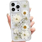 Abbery for iPhone 13 Pro Max Case Cute Clear with Real Pressed Flowers Design Girly Glitter&Sparkle Cute Dried Gold White Floral Slim Soft TPU Protective Women Girl's Phone Cover
