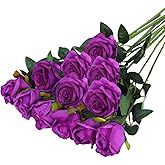 Hawesome 12PCS Artificial Silk Flowers Realistic Roses Bouquet Long Stem for Home Wedding Decoration Party (Purple 1)