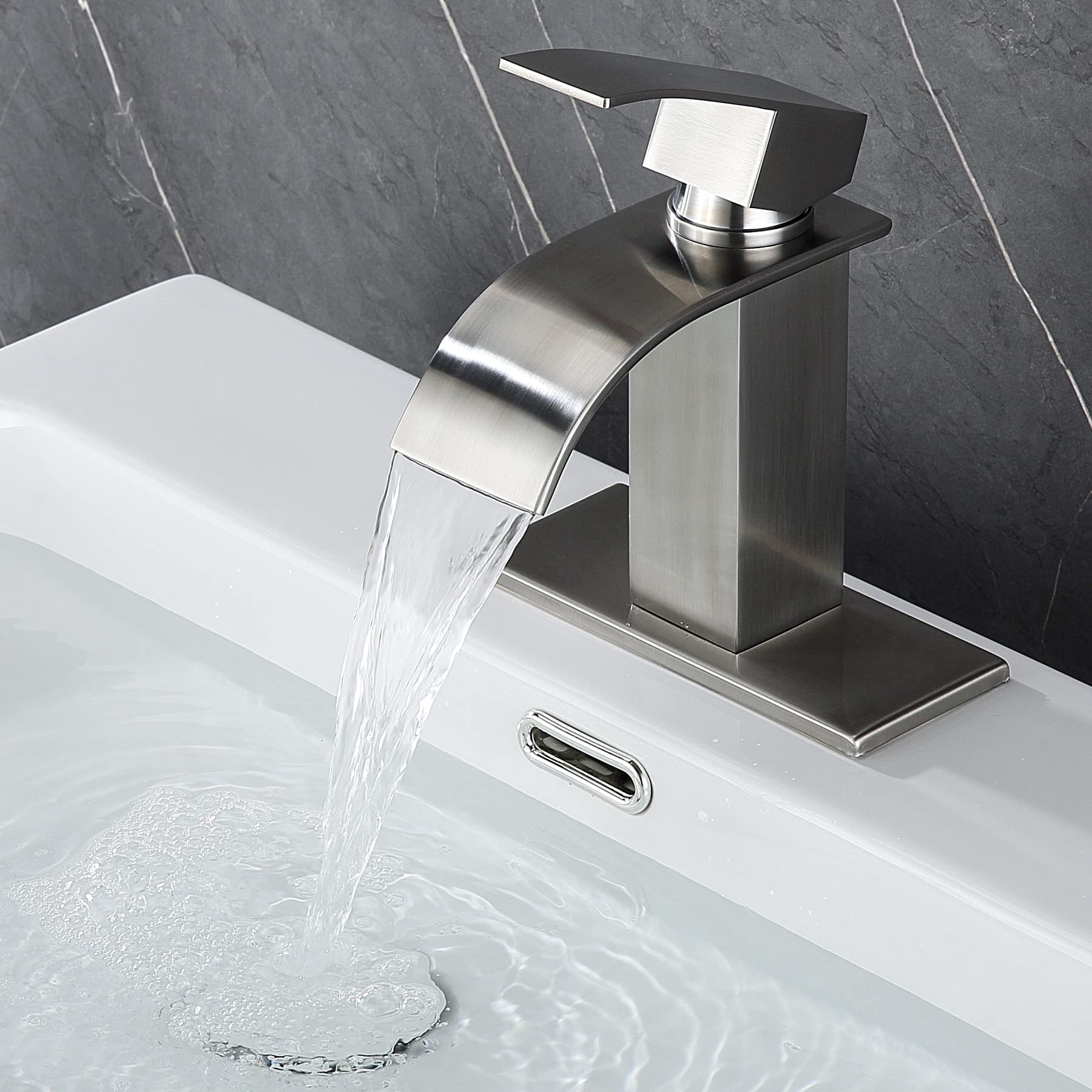 Waterfall Bathroom Sink Faucet - Brushed Nickel Single Handle Bathroom ...