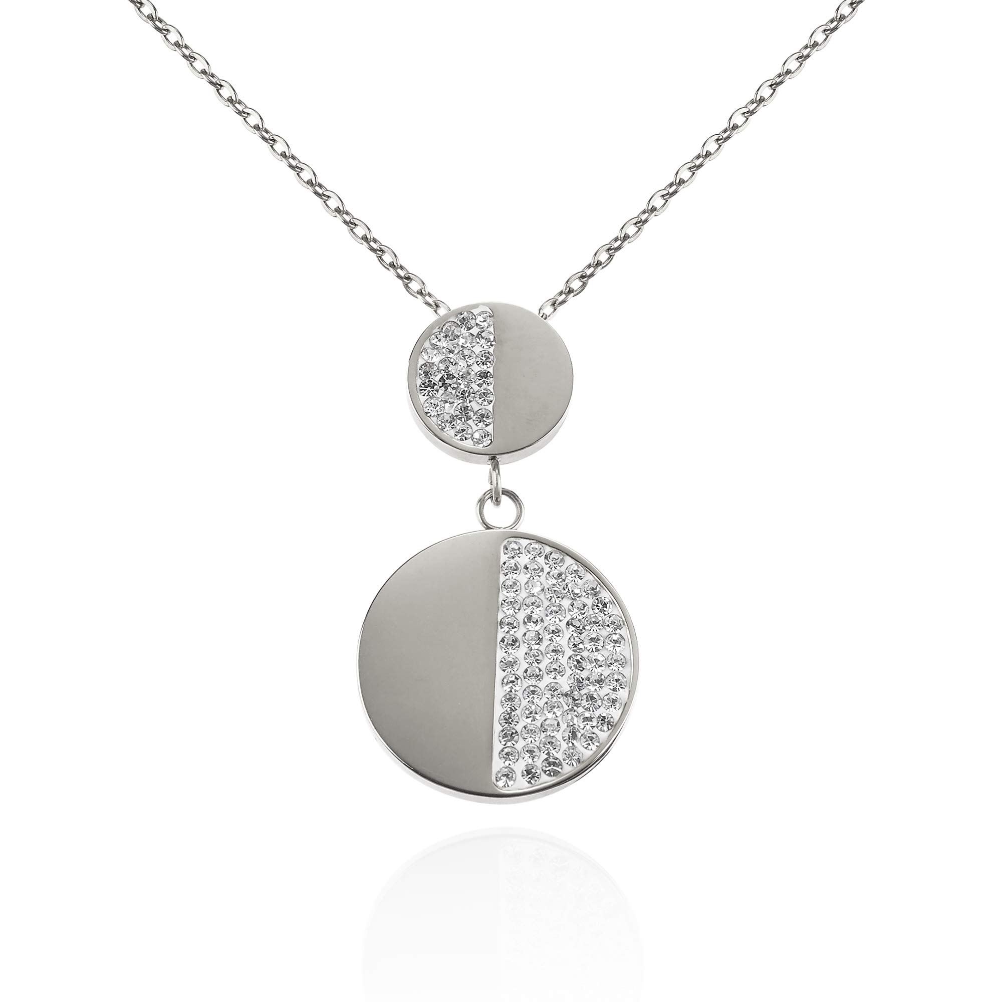 namana Double Disc Necklace for Women. Elegant Silver Necklace with Swarovski Crystals. Silver Necklaces for Women with Gift Box