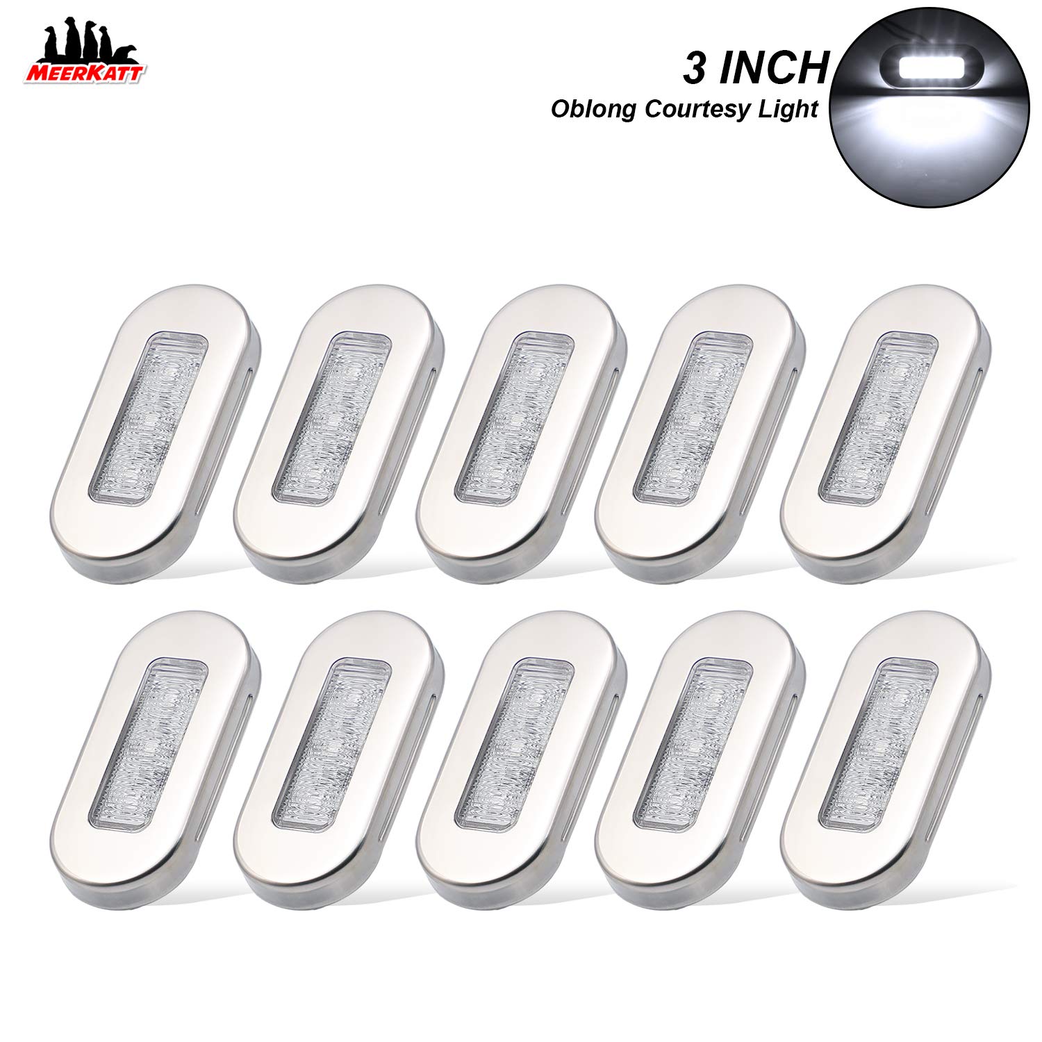 Meerkatt (Pack of 10) 3 Inch Oblong Amber LED Marine Courtesy Light Sealed Flush Mount Clearance Lamp for Yacht Stair Deck Garden Boat RV Cabin Truck Waterproof 12V DC with Chrome Stainless Bezel UV12