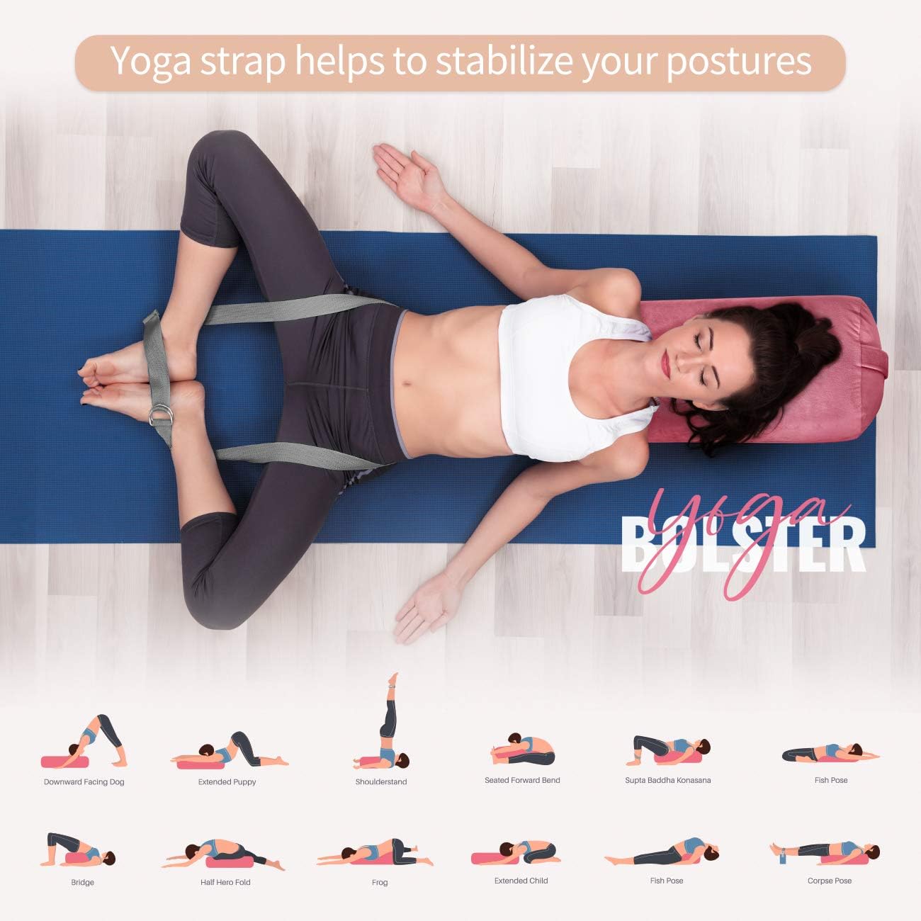 Trideer Yoga Bolster Pillow | Combo Set of Yoga Strap & Rectangular Meditation Pillow, Soft Velvet & Optimal Support, 800g Light Weight with Carry Handle : Sports & Outdoors