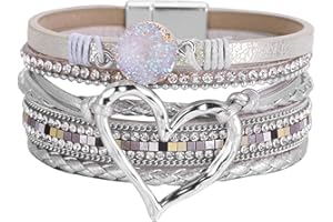 JZANHGAS Women's Multi-layer Love Heart Leather Wrap Bracelets Stackable Boho Bangles Bohemian Cuff with Magnetic Clasp Jewelry Gift Beads Western Bracelets