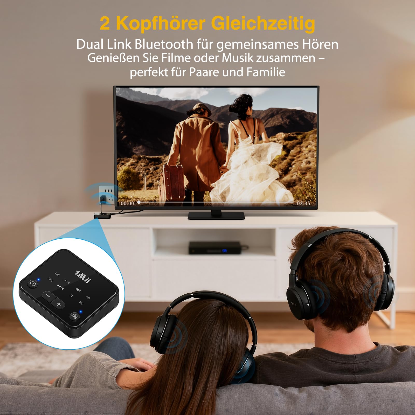 1Mii B06T6 Bluetooth 5.3 Transmitter für TV, aptX Low Latency/HD/Adaptive Audio Sender mit Dual Link für 2 Kopfhörer, Optisch/AUX/RCA/USB Audio Adapter, bis zu 30 m Reichweite 2