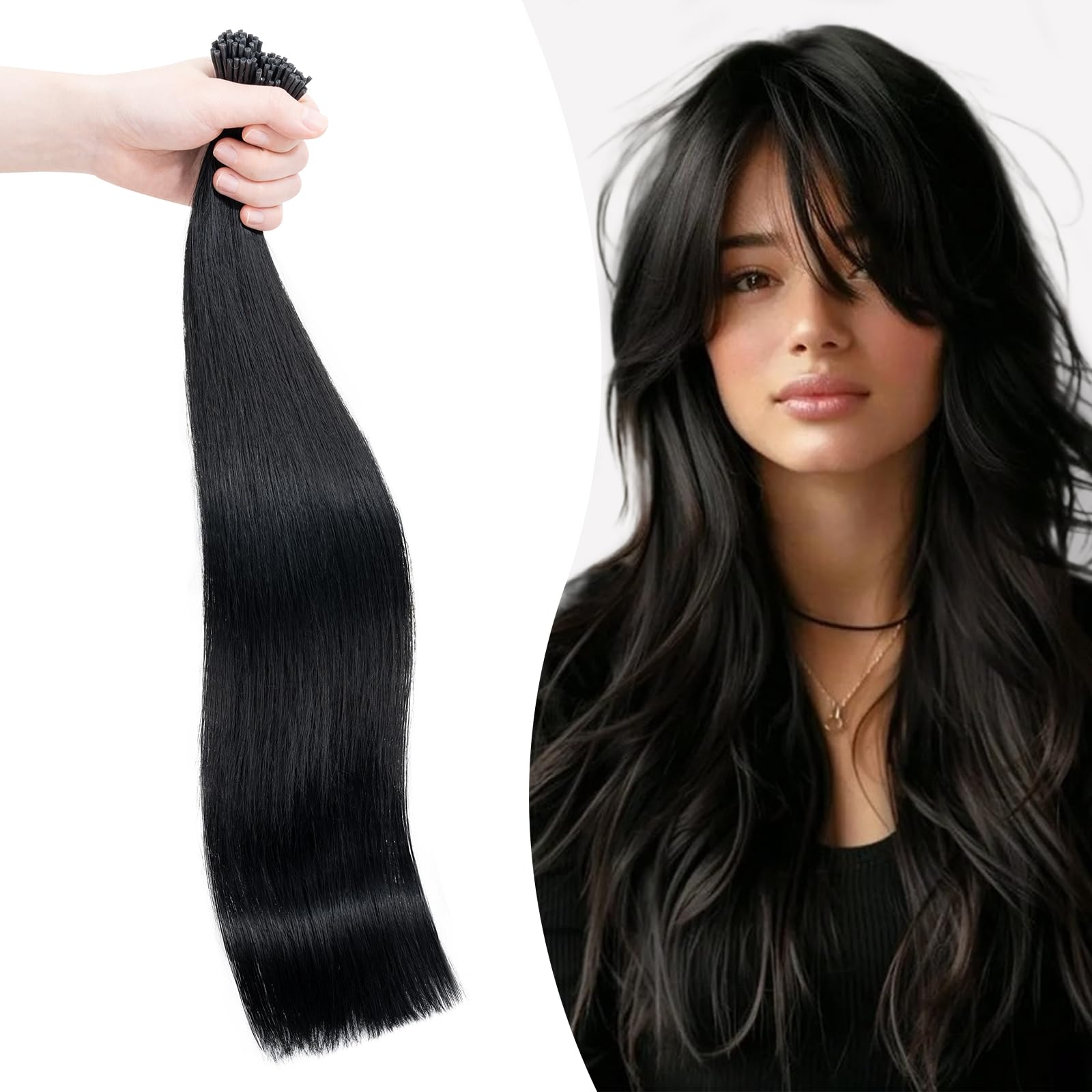 Silk-co I tip Prebonded Hair Extensions #01 Jet Black Stick Tip 100% Real Human Hair Remy Stick Hair Extension 50 Strands 1g/s 18inch