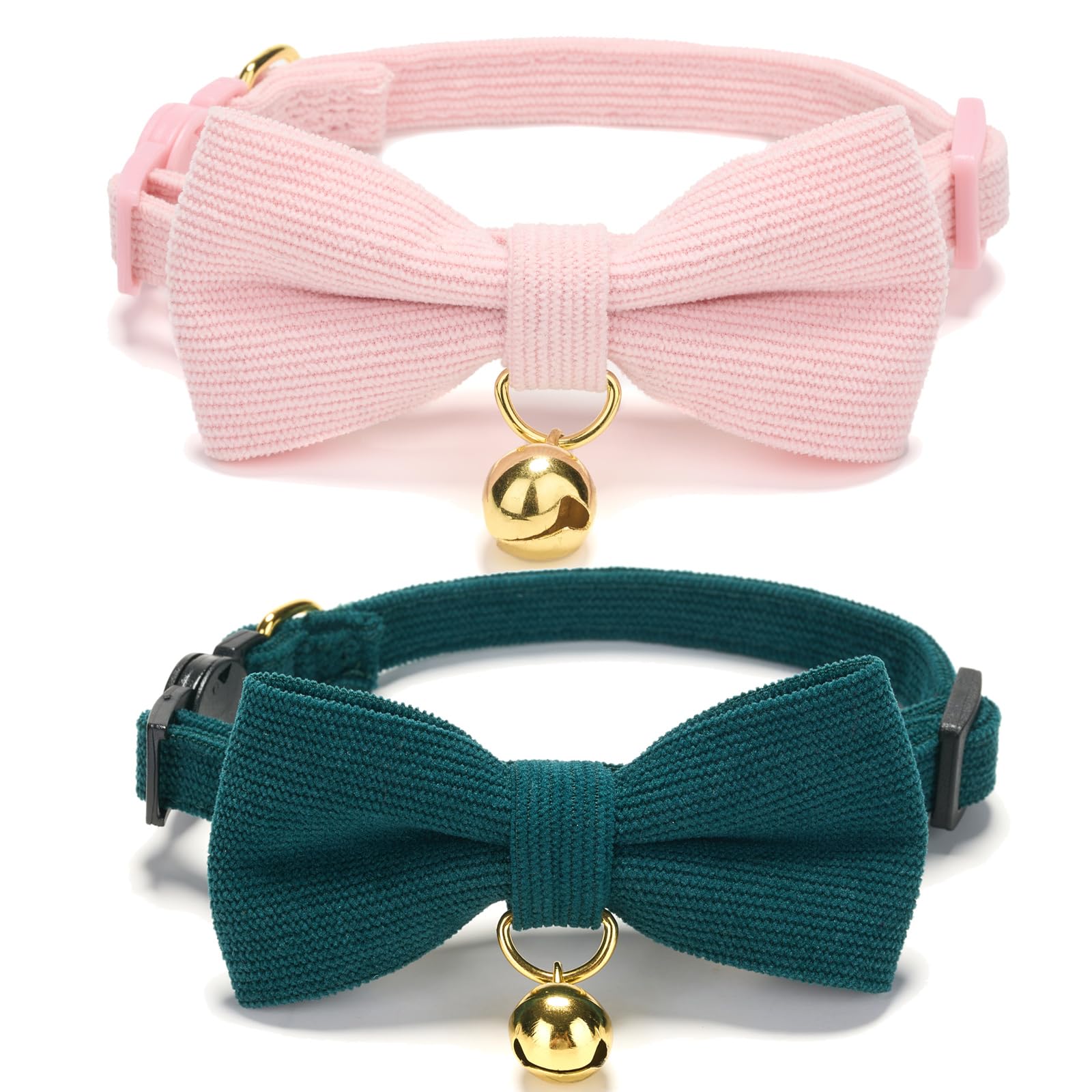 YUDOTE Ultra-soft Collar Natural Cotton Corduroy Made for Cats with Sensitive Skin,Safety Kitten Collars with Quick-release Buckle and Removeable Bow-tie, Green,Light Pink Pack of 2