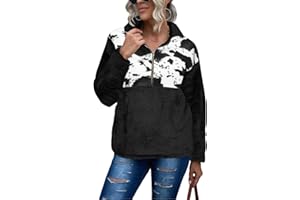 EARKOHA Womens Plus Size Long Sleeve Casual Zip Collar Cow Print Fleece Jacket Tops