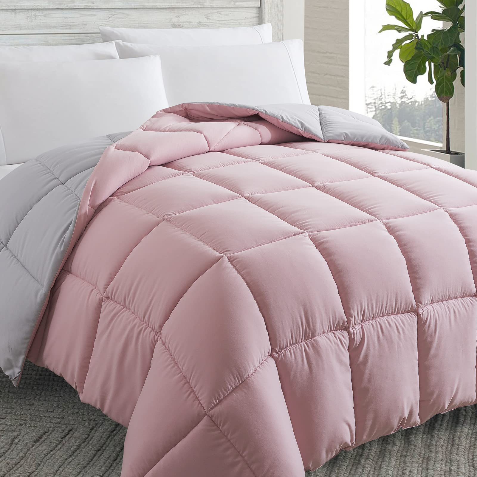 Photo 1 of Cosybay Down Alternative Comforter (Pink/Light Grey, King) - All Season Soft Quilted King Size Bed Comforter - Duvet Insert with Corner Tabs - Winter Summer Warm Fluffy, 102x90 inches