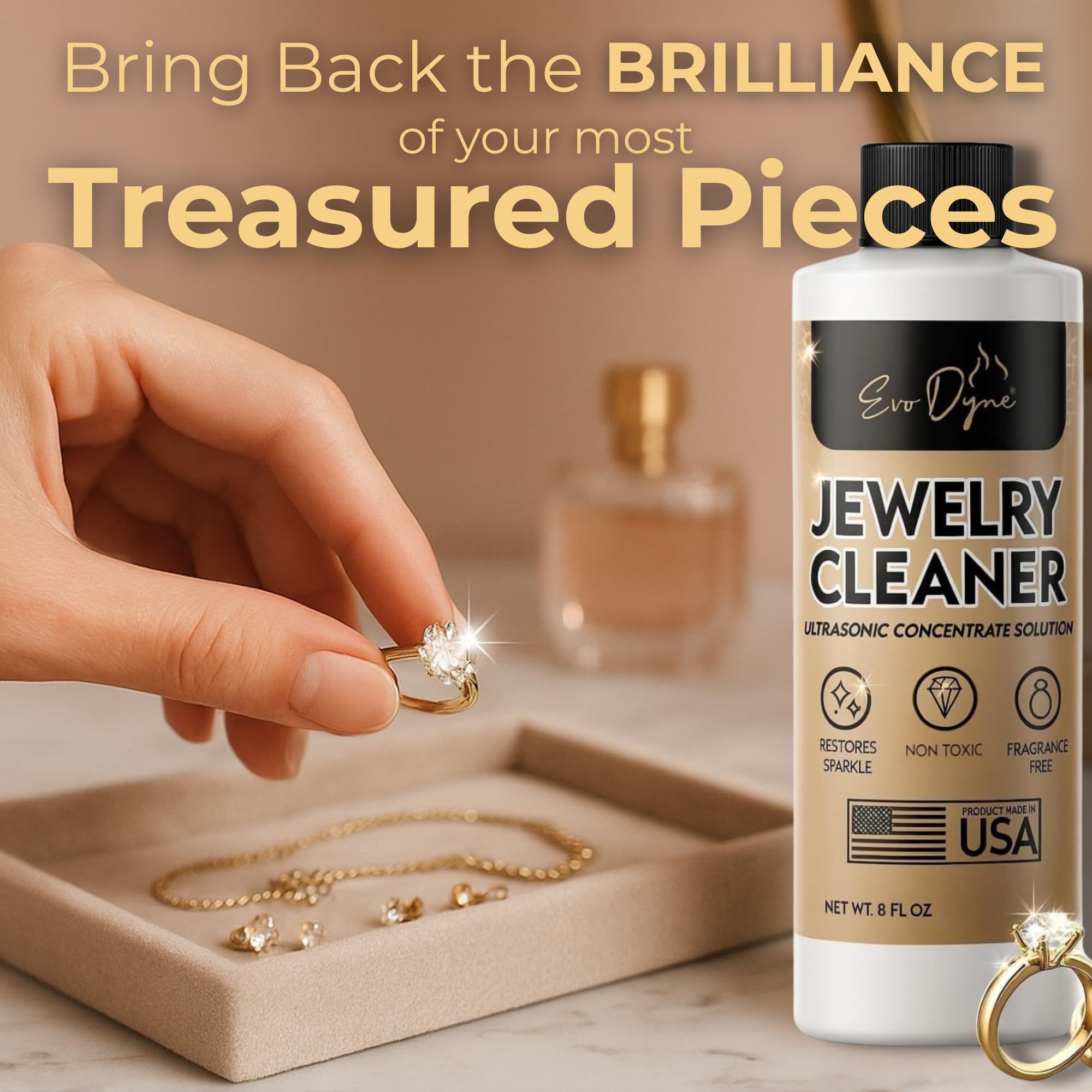 Ultrasonic Jewelry Cleaner Solution (16oz) Concentrated Jewelry Cleaner for Diamonds, Gold, Silver & More | Compatible with Ultrasonic Machine (s) - Made in USA
