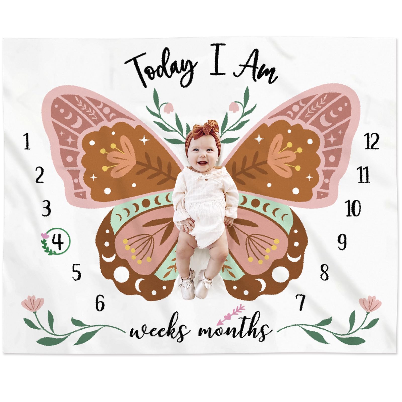 Photo 1 of Gicoherero Boho Baby Blanket Butterfly Monthly Milestone Bohemian Floral Girl Photo Prop Sage Green and Pink Blanket Ideas for Personalized Baby Stuff Shower Newborn Decorations Nursery Gift Decor Mom