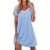 Ekouaer Womens Nightgown Lace Trim V Neck Sleep Shirt Flare Short Sleeve Night Gown Pleated Nightshirt Ladies Nightdress