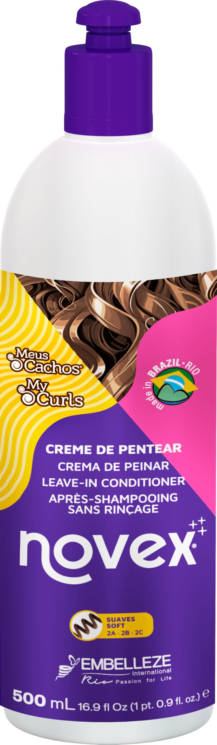 Novex My Curls Soft Leave-In Conditioner Enriched with Sunflower and Coconut Oils for Hair Detangling and Hydration, Suitable for Wavy Curls or Hair Types 2A, 2B and 2C 500ml